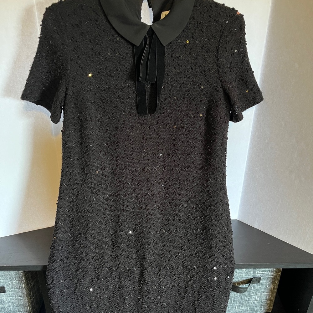 Elle Black Textured Mini Dress with Collar and Velvet Bow